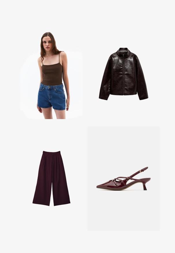 Brun faux læderjakke med høj krave, fuld lynlås lukning og en glat, blank overflade. Har en afslappet pasform og lange ærmer.; Brun ribbet tanktop med tynde stropper parret med højtaljede blå denimshorts med forlommer og guldknaplukning.; Afskåret ternet skjorte i nuancer af burgunder og brun, med knaplukning foran, krave og brystlomme. Blødt stof med lange ærmer.; Vide benbukser i dyb burgunderrød stof med læg, høj talje og to sidelommer for både funktionalitet og stil.; Bordeaux patentlæder slingback sko med spids tå, lille hæl, dekorative stropdetaljer og en blank finish.