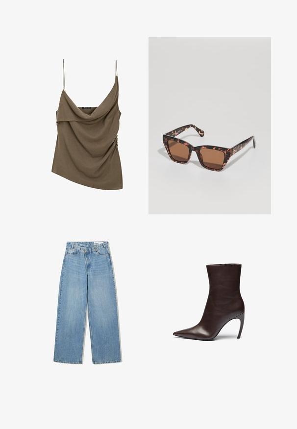 Bruine neplederen jas met een hoge kraag, volledige ritsluiting en een gladde, glanzende textuur. Beschikt over een ontspannen pasvorm en lange mouwen.; Olijfgroene, gedrapeerde mouwloze top met dunne spaghettibandjes en geplooide zijdetails, gemaakt van een zachte stof. Asymmetrisch van maat.; Lichtblauwe wijde jeans van denim, met een hoge taille, vijf zakken, knoopsluiting en subtiele vervaging voor textuur.; Bruin leren enkellaars met een puntige neus, slanke silhouette en een hoge stilettohak. Heeft een gladde textuur en een minimalistisch ontwerp.; Schildpadmotief zonnebril met een vierkante vorm, bruin getinte glazen en een slank plastic montuur. Accenten zijn subtiele branding op de poot.; Zwarte leren handtas met een gebogen ontwerp, goudkleurige accenten en een bovenhandvat. Heeft een strakke sluiting en een gladde textuur.