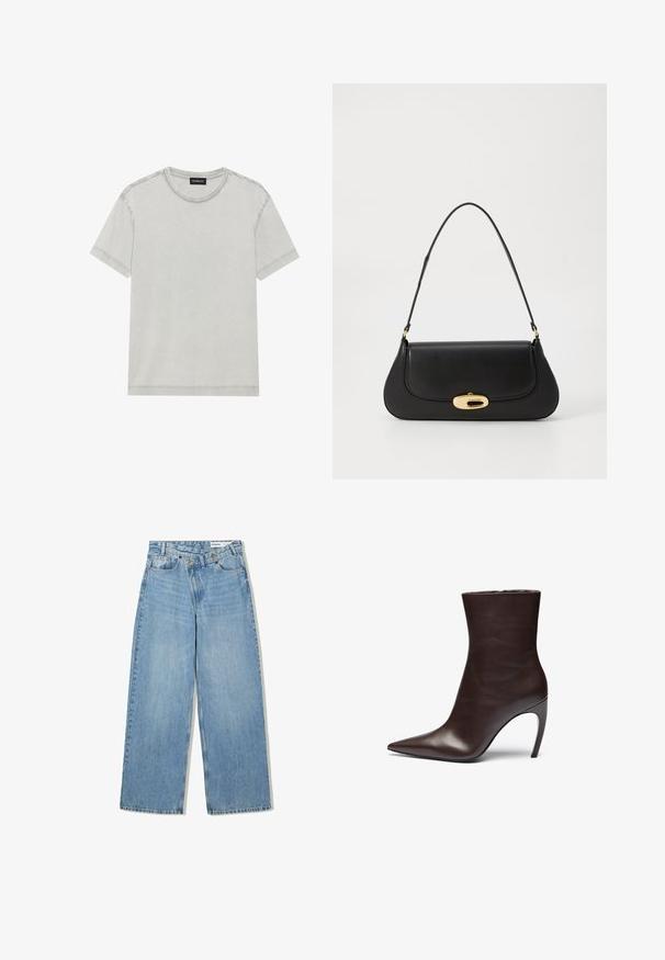 Brun faux læderjakke med høj krave, fuld lynlås lukning og en glat, blank overflade. Har en afslappet pasform og lange ærmer.; Lys grå bomuld T-shirt med rund halsudskæring og korte ærmer, der har rene linjer og minimale syninger.; Lyseblå vide denimjeans med høj talje, fem lommer, knaplukning og diskret falmning for tekstur.; Brun læder ankelstøvle med spids tå, slank silhuet og højt stiletto-hæl. Har en glat overflade og minimalistisk design.; Sort læderhåndtaske med et buet design, guldfarvet hardware og en øverste håndtag. Har en strømlinet lukning og en glat tekstur.