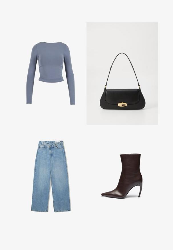 Bruine neplederen jas met een hoge kraag, volledige ritsluiting en een gladde, glanzende textuur. Beschikt over een ontspannen pasvorm en lange mouwen.; Langslobig, cropped top van zachte, rekbare stof; heeft een ronde halslijn en gathered zijdetails, in een gedempte blauwe kleur.; Lichtblauwe wijde jeans van denim, met een hoge taille, vijf zakken, knoopsluiting en subtiele vervaging voor textuur.; Bruin leren enkellaars met een puntige neus, slanke silhouette en een hoge stilettohak. Heeft een gladde textuur en een minimalistisch ontwerp.; Zwarte leren handtas met een gebogen ontwerp, goudkleurige accenten en een bovenhandvat. Heeft een strakke sluiting en een gladde textuur.