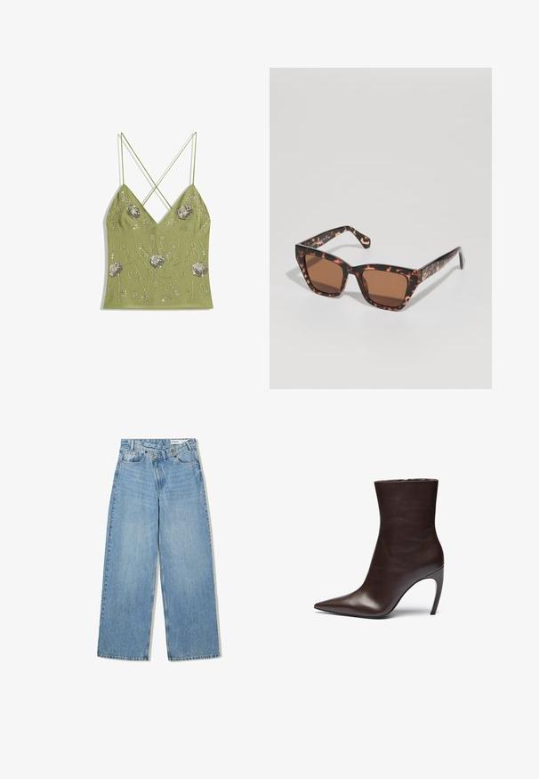 Brown faux leather jacket with a high collar, full zipper closure, and a smooth, glossy texture. Features relaxed fit and long sleeves.; Olive green camisole with a V-neck, adjustable cross-back straps, embellished with silver floral embroidery and bead details.; Light blue wide-leg jeans made of denim, featuring a high waist, five pockets, button closure, and subtle fading for texture.; Brown leather ankle boot with a pointed toe, slim silhouette, and a high stiletto heel. Features a smooth texture and minimalistic design.; Tortoiseshell-patterned sunglasses with a squared shape, brown tinted lenses, and sleek plastic frame. Accents include subtle branding on the arm.; Black leather handbag with a curved design, gold-tone hardware, and a top handle. Features a sleek closure and smooth texture.