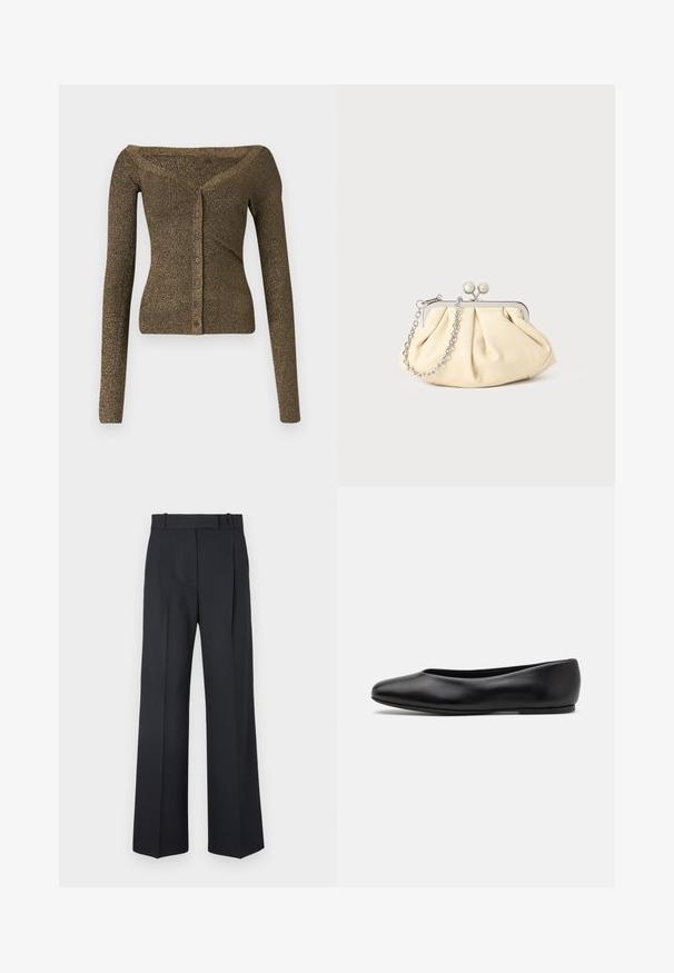 Marineblauwe wollen jas met een getailleerde silhouet, notch-rever, twee voorzakken en een rechte snit. Soepele textuur en minimale details.; Off-shoulder, lange mouwen cardigan in metallic olijfgroen breiwerk, voorzien van een knoopsluiting en een geribbelde textuur. Slim fit met een subtiele glans.; Zwarte langärmelige turtleneck top van soepel stof, met een gerimpelde hals en een aansluitende silhouet met eenvoudige randen.; Donkerblauwe pinstriped broek met een hoge taille, wijde pijpen en zonder zichtbare hardware of versieringen. Glad textuur en nauwkeurige pasvorm.; Paul Smith TOPANGA - Ballerina's - black; Geplooide beige leren clutch met een zilveren metalen frame, voorzien van twee ronde decoratieve sluitingen en een zilveren kettingriem.