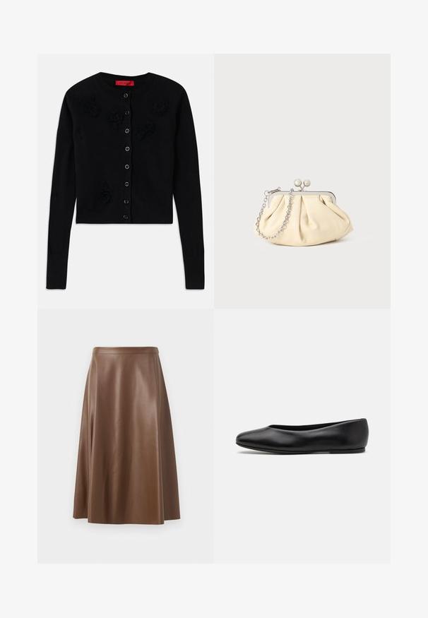 Abrigo de lana azul marino con una silueta entallada, solapas muescas, dos bolsillos frontales y un corte recto. Textura suave y detalles mínimos.; Cárdigan negro corto con mangas largas, que presenta un escote redondo, aplicaciones de flores negras y cierre de botones. Textura suave, puños acanalados.; Top negro sin mangas con tirantes finos, hecho de una tela acanalada, que presenta un corte recto y una etiqueta en el cuello que dice "IVY OAK".; Falda de cuero marrón en corte A con una textura suave y un dobladillo de longitud media. Presenta una cintura ajustada y un ligero vuelo desde las caderas.; Paul Smith TOPANGA - Bailarinas - black; Clutch de cuero beige plisado con un marco de metal plateado, que cuenta con dos broches decorativos redondos y una correa de cadena plateada.