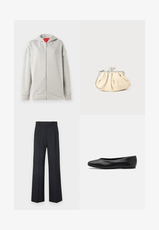 Marineblauer Wollmantel mit taillierter Silhouette, schmalen Revers, zwei vorderen Taschen und geradem Schnitt. Glatte Textur und minimale Details.; Hellgrauer Reißverschluss-Hoodie mit weicher Textur, ausgestattet mit einem Frontreißverschluss und einer Kapuze. Einfaches Design, keine Muster oder zusätzlichen Akzente.; Schwarzes Tanktop mit dünnen Spaghetti-Trägern, aus geripptem Stoff, mit geradem Schnitt und einem Etikett am Hals, auf dem "IVY OAK" steht.; Dunkelblaue Nadelstreifenhosen mit hoher Taille, weit geschnittenem Bein und ohne sichtbare Beschläge oder Verzierungen. Glatte Textur und taillierte Passform.; Paul Smith TOPANGA - Klassischer Ballerina - black; Faltige beigefarbene Ledertasche mit einem silbernen Metallrahmen, ausgestattet mit zwei runden dekorativen Verschlüssen und einem silbernen Kettenriemen.