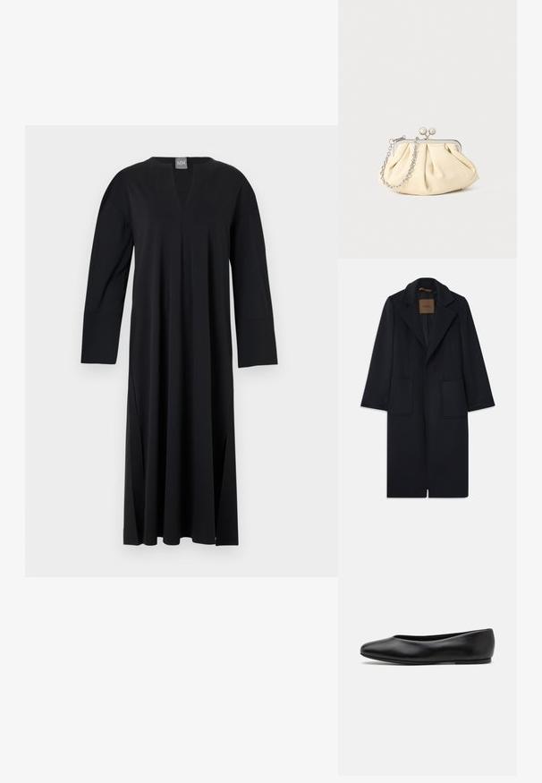 Mornarsko plašč iz volne s krojem, ki poudari postavo, z zareznimi reverji, dvema sprednjima žepoma in ravnim krojem. Gladka tekstura in minimalne podrobnosti.; Črna dolga obleka z dolgimi rokavi in V-izrezom, izdelana iz gladkega materiala. Ponuja stranske razpoke, sproščen kroj in brezšivno zasnovo ramen.; Paul Smith TOPANGA - Balerinke - black; Zavihani bež usnjeni nahrbtnik s srebrnim kovinskim okvirom, ki ima dve okrogli okrasni zaponki in srebrno verižico.