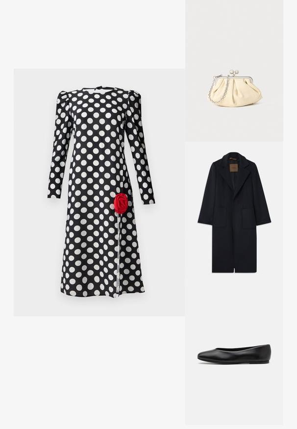 Marineblauer Wollmantel mit taillierter Silhouette, schmalen Revers, zwei vorderen Taschen und geradem Schnitt. Glatte Textur und minimale Details.; Schwarzes Kleid mit weißen Punkten, langen Ärmeln und gerafftem Schulterdetail. Mit einem roten Rosenakzent am Vorderabschluss.; Paul Smith TOPANGA - Klassischer Ballerina - black; Faltige beigefarbene Ledertasche mit einem silbernen Metallrahmen, ausgestattet mit zwei runden dekorativen Verschlüssen und einem silbernen Kettenriemen.