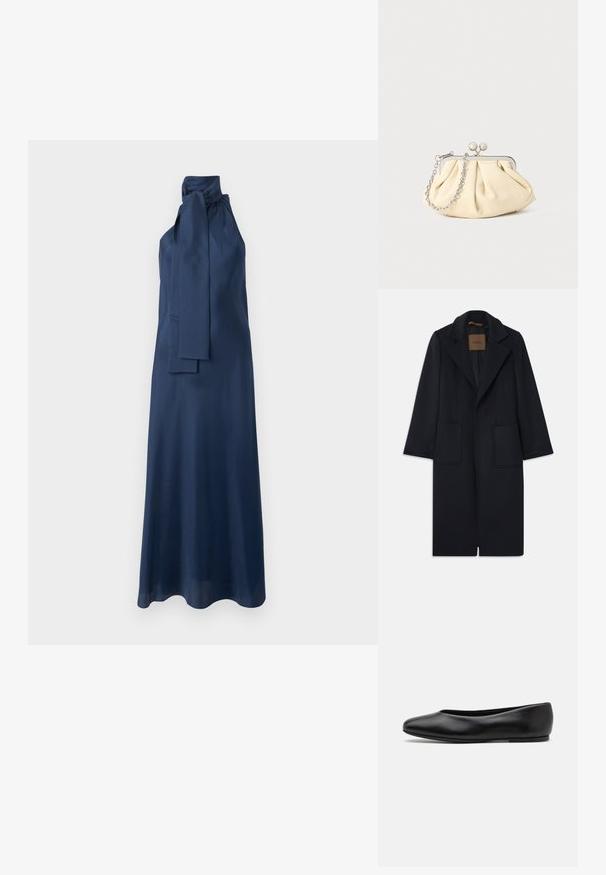 Námořnický vlněný kabát s přiléhavým siluetou, klopovými límci, dvěma předními kapsami a rovný střih. Hladká textura a minimalistické detaily.; Maxi šaty z atlasu v námořnické modři s vysokým výstřihem, bočním vázáním a hladkým povrchem. Mají splývavou siluetu a bezrukávový design.; Paul Smith TOPANGA - Klasické baleríny - black; Plisovaná béžová kožená kabelka na psaní s rámem ze stříbrného kovu, vybavená dvěma kulatými dekorativními uzávěry a stříbrným řetízkem.