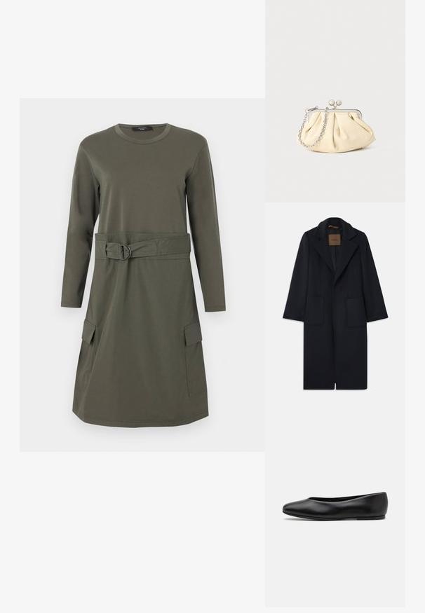 Abrigo de lana azul marino con una silueta entallada, solapas muescas, dos bolsillos frontales y un corte recto. Textura suave y detalles mínimos.; Vestido de manga larga hecho de tela verde oliva con escote redondo, cintura ceñida y dos bolsillos frontales. Textura suave y de longitud media.; Paul Smith TOPANGA - Bailarinas - black; Clutch de cuero beige plisado con un marco de metal plateado, que cuenta con dos broches decorativos redondos y una correa de cadena plateada.