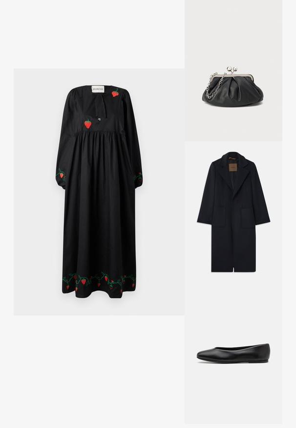 Granatowy wełniany płaszcz o dopasowanej sylwetce, z klapami, dwiema przednimi kieszeniami i prostym krojem. Gładka tekstura i minimalistyczne wykończenie.; Czarna bawełniana sukienka maxi z długimi puffowymi rękawami, zgromadzonym pasem oraz haftem w czerwone truskawki wzdłuż dekoltu i u dołu.; Paul Smith TOPANGA czarny; Czarna skórzana kopertówka o marszczonej teksturze, srebrna metalowa rama, zamek na zatrzask i łańcuszek. Gładka, miękka powierzchnia.