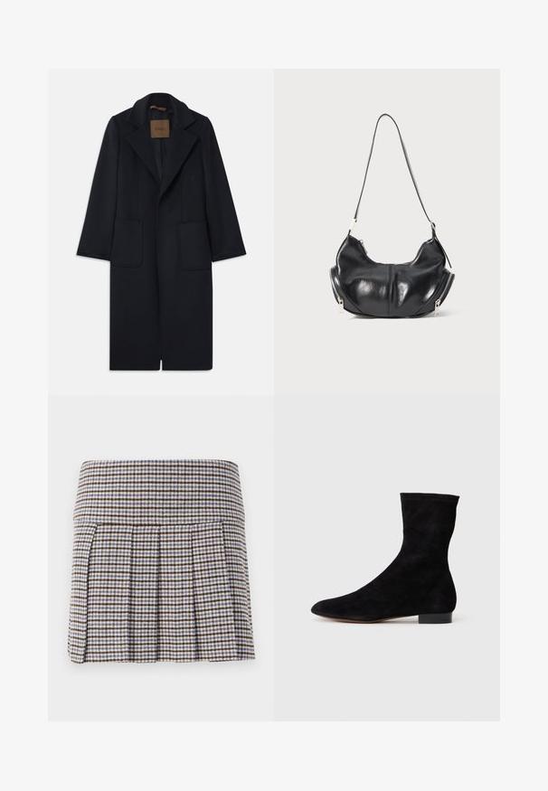 Navy wool coat with a tailored silhouette, notched lapels, two front pockets, and a straight cut. Smooth texture and minimal detailing.; Black turtleneck sweater with long sleeves, featuring a small white heart emblem on the chest. Soft fabric and relaxed fit.; Pleated skirt in a brown, beige, and blue check pattern. Made of a textured fabric with a fitted waistband and decorative pleats.; Black suede ankle boot with a fitted shaft, pointed toe, and a low block heel. Smooth texture and minimalistic design, suitable for versatile styling.; Black leather crescent-shaped shoulder bag with silver zippers on both sides and a single strap.