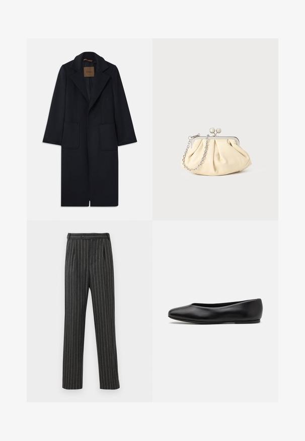 Navy wool coat with a tailored silhouette, notched lapels, two front pockets, and a straight cut. Smooth texture and minimal detailing.; Dark navy sweater with a round neckline, long raglan sleeves, ribbed cuffs, and a straight hem. Made from a soft, textured knit material.; Gray striped trousers made of woven fabric. Features a high waist, front pleats, and a straight-leg design. Standard button closure.; Paul Smith TOPANGA - Ballet pumps - black; Pleated beige leather clutch with a silver metal frame, featuring two round decorative clasps and a silver chain strap.