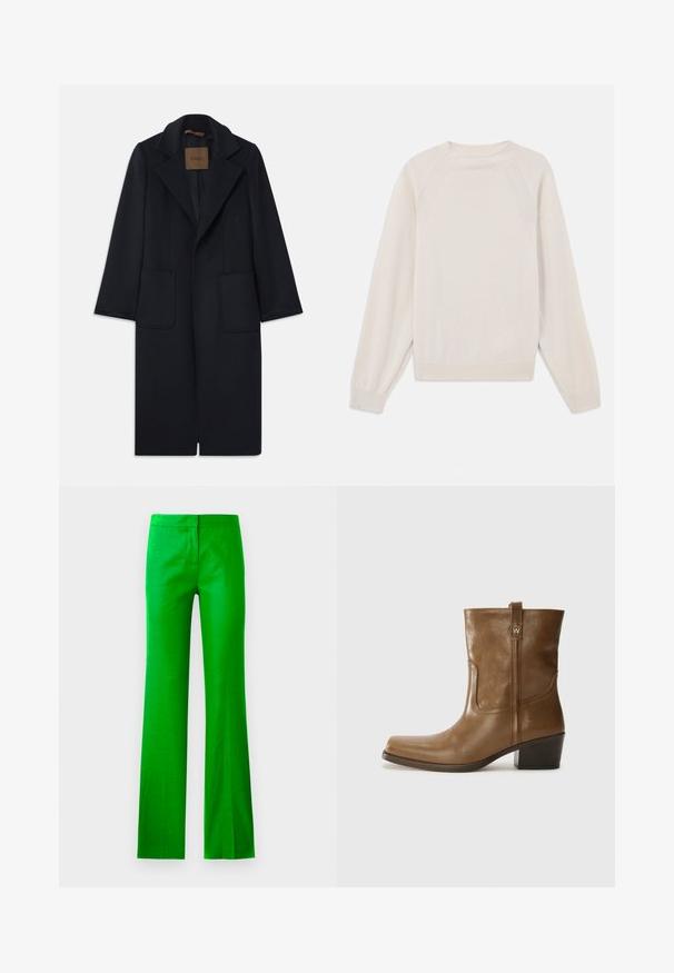 Námořnický vlněný kabát s přiléhavým siluetou, klopovými límci, dvěma předními kapsami a rovný střih. Hladká textura a minimalistické detaily.; Světle krémový svetr z měkké pleteniny. Má kulatý výstřih, dlouhé rukávy a žebrované manžety a lem s designem raglánových rukávů.; Jasně zelené, rozšířené kalhoty vyrobené z hladké látky, s plochým předním dílem a bez viditelných kapes. Čistý, minimalistický design.; Hnědé kožené kotníkové boty se čtveratou špičkou, texturovaným povrchem a nízkým zvýšeným podpatkem. Mají zadní poutko na obouvání a jemné prošívání.