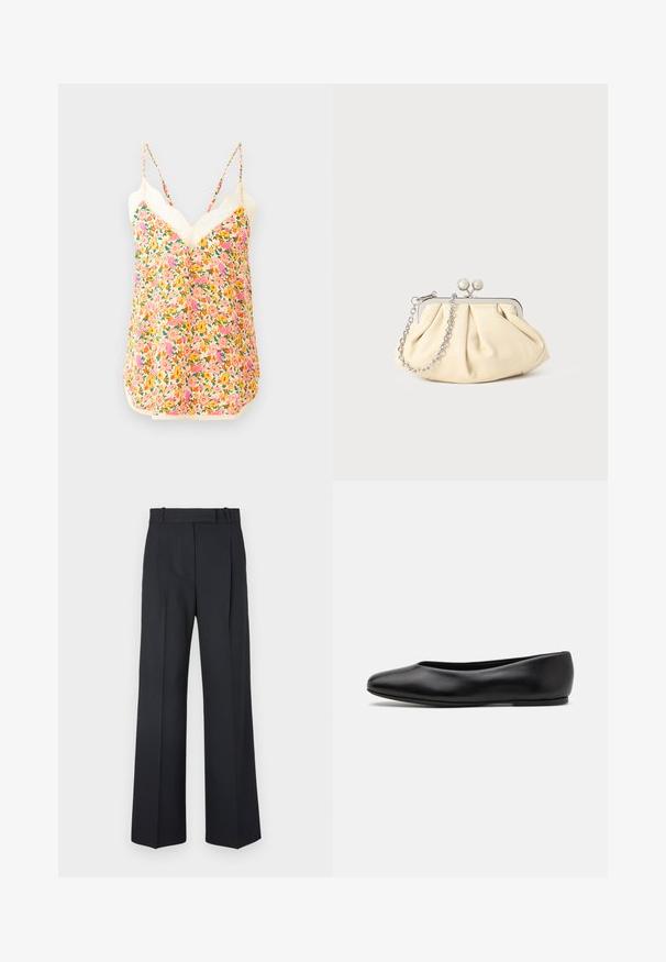 Námořnický vlněný kabát s přiléhavým siluetou, klopovými límci, dvěma předními kapsami a rovný střih. Hladká textura a minimalistické detaily.; Černý pletený svetr s dlouhými rukávy, kulatým výstřihem a malým bílým srdíčkem na hrudi. Měkká textura a žebrované manžety a spodní lem.; Květinové top bez rukávů má živý vzor růžových, oranžových a žlutých květin, s nastavitelnými ramínky a dekorativní krajkovou lemovkou na výstřihu.; Tmavě modré kalhoty s pruhy, vysokým pasem, širokým nohavicemi a bez viditelného kování nebo ozdob. Hladká textura a přesně padnoucí střih.; Paul Smith TOPANGA - Klasické baleríny - black; Plisovaná béžová kožená kabelka na psaní s rámem ze stříbrného kovu, vybavená dvěma kulatými dekorativními uzávěry a stříbrným řetízkem.