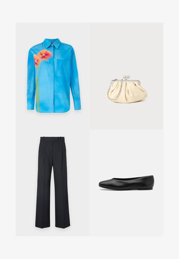 Marineblauwe wollen jas met een getailleerde silhouet, notch-rever, twee voorzakken en een rechte snit. Soepele textuur en minimale details.; Zwarte brei trui met lange mouwen, ronde hals en een klein wit hart op de borst. Zachte textuur met geribbelde boorden en onderzoom.; Lichtblauw button-up shirt van gladde stof. Heeft een oranje bloemenprint en een borstzak aan de linkerkant.; Donkerblauwe pinstriped broek met een hoge taille, wijde pijpen en zonder zichtbare hardware of versieringen. Glad textuur en nauwkeurige pasvorm.; Paul Smith TOPANGA - Ballerina's - black; Geplooide beige leren clutch met een zilveren metalen frame, voorzien van twee ronde decoratieve sluitingen en een zilveren kettingriem.