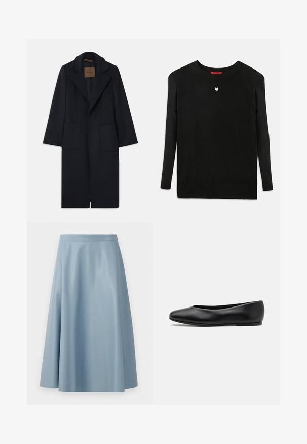 Marineblå uldfrakke med skræddersyet silhuet, spidse klapper, to lommer foran og lige skæring. Glat tekstur og minimalistisk detaljering.; Sort striktrøje med lange ærmer, rund halsudskæring og et lille hvidt hjerte på brystet. Blød tekstur og ribbede manchetter og kant.; En lyseblå, flagrende nederdel lavet af glat stof, der har et minimalistisk design med en ren talje og uden synlige lukninger.; Paul Smith TOPANGA - Ballerinasko - black