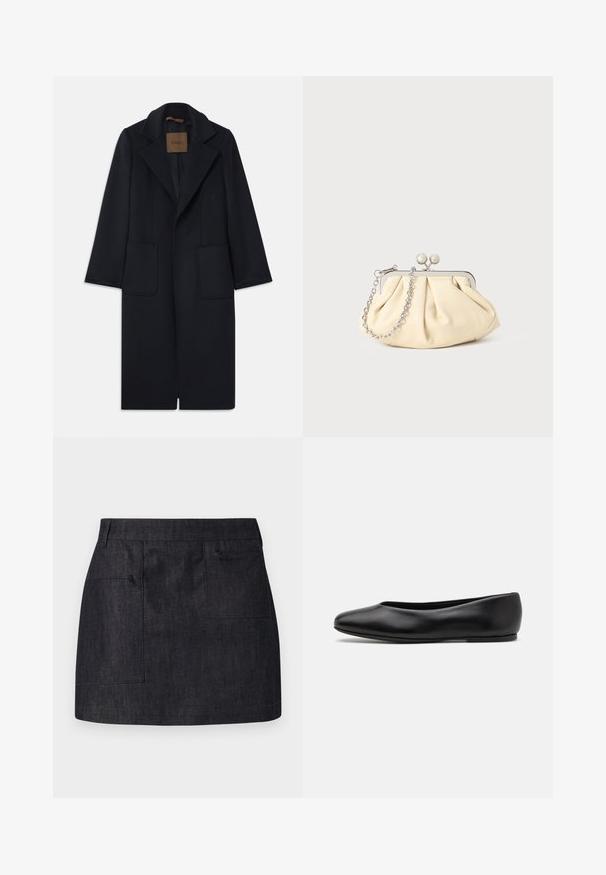 Abrigo de lana azul marino con una silueta entallada, solapas muescas, dos bolsillos frontales y un corte recto. Textura suave y detalles mínimos.; Suéter negro de punto con mangas largas, cuello redondo y un pequeño corazón blanco en el pecho. Textura suave y puños y bajo acanalados.; falda de mezclilla oscura con corte recto, que presenta dos bolsillos frontales y una textura sutil. Cintura estándar y dobladillo limpio.; Paul Smith TOPANGA - Bailarinas - black; Clutch de cuero beige plisado con un marco de metal plateado, que cuenta con dos broches decorativos redondos y una correa de cadena plateada.