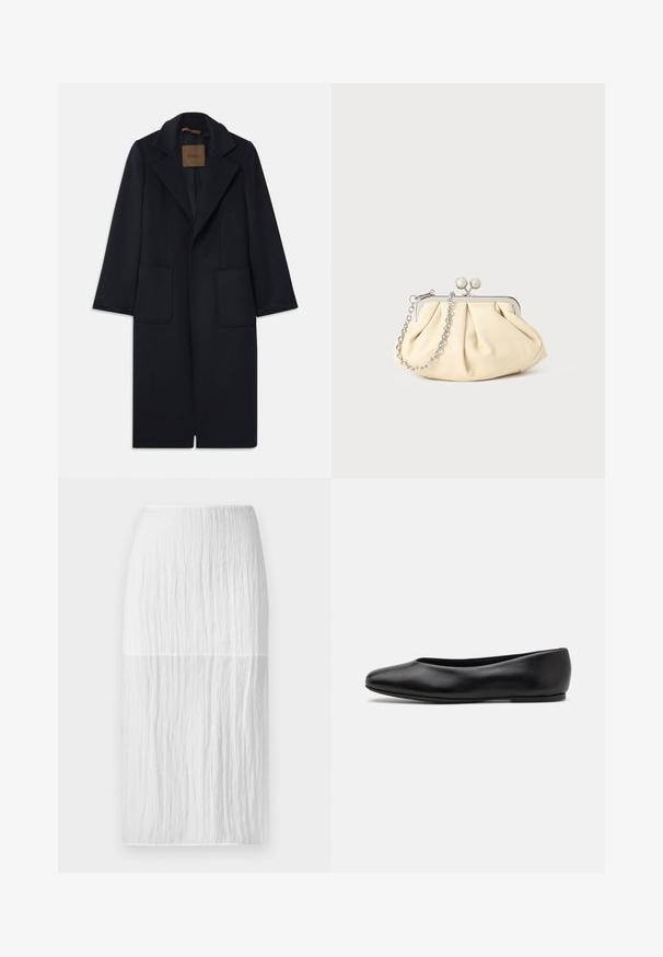 Granatowy wełniany płaszcz o dopasowanej sylwetce, z klapami, dwiema przednimi kieszeniami i prostym krojem. Gładka tekstura i minimalistyczne wykończenie.; Czarny sweter z dzianiny z długimi rękawami, okrągłym dekoltem i małym białym serduszkiem na klatce piersiowej. Miękka faktura oraz ściągacze na rękawach i u dołu.; Biała spódnica do kolan wykonana z teksturowanej tkaniny, z pionowymi plisami, posiadająca gładką talię i prosty krój.; Paul Smith TOPANGA czarny; Złożona beżowa skórzana kopertówka z srebrną metalową ramą, z dwoma okrągłymi dekoracyjnymi zapięciami i srebrnym łańcuszkiem.