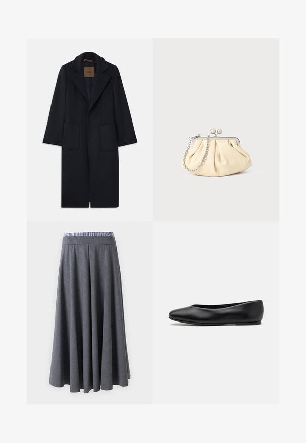 Abrigo de lana azul marino con una silueta entallada, solapas muescas, dos bolsillos frontales y un corte recto. Textura suave y detalles mínimos.; Suéter negro de punto con mangas largas, cuello redondo y un pequeño corazón blanco en el pecho. Textura suave y puños y bajo acanalados.; Pantalones de pierna ancha de talle alto, en gris oscuro, con un sutil patrón de cuadros y una cinturilla de rayas azul y blanca, exhibidos colgados frente a un fondo blanco.; Paul Smith TOPANGA - Bailarinas - black; Clutch de cuero beige plisado con un marco de metal plateado, que cuenta con dos broches decorativos redondos y una correa de cadena plateada.