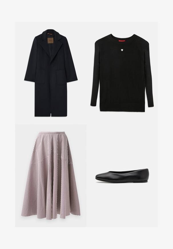 Marineblauwe wollen jas met een getailleerde silhouet, notch-rever, twee voorzakken en een rechte snit. Soepele textuur en minimale details.; Zwarte brei trui met lange mouwen, ronde hals en een klein wit hart op de borst. Zachte textuur met geribbelde boorden en onderzoom.; Gestreepte rok met verticale witte en bordeauxlijnen, voorzien van een uitlopende ontwerp en Gathered textuur bij de taille, gemaakt van lichtgewicht stof.; Paul Smith TOPANGA - Ballerina's - black