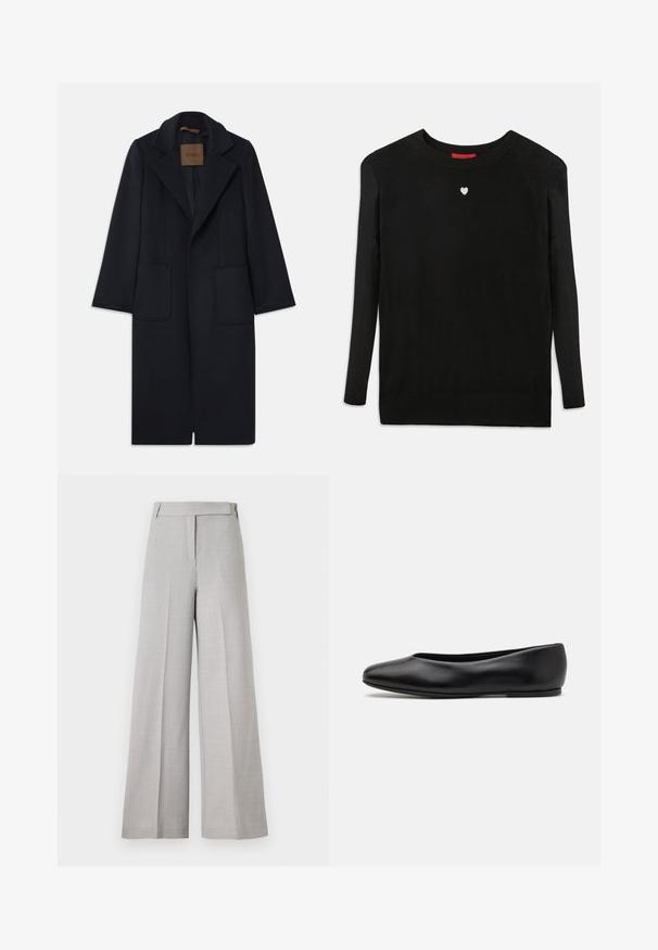 Marineblauwe wollen jas met een getailleerde silhouet, notch-rever, twee voorzakken en een rechte snit. Soepele textuur en minimale details.; Zwarte brei trui met lange mouwen, ronde hals en een klein wit hart op de borst. Zachte textuur met geribbelde boorden en onderzoom.; Lichtgrijze wijde broek met een soepele textuur, voorzien van een op maat gemaakte tailleband en een voorvouw voor een nette uitstraling.; Paul Smith TOPANGA - Ballerina's - black
