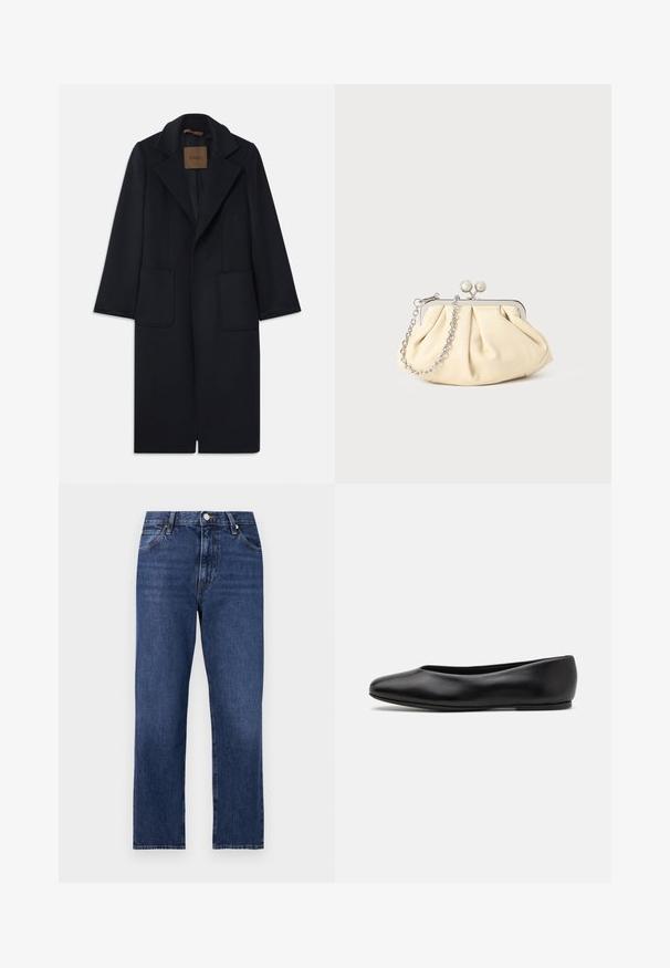Cappotto di lana navy con silhouette su misura, revers a punta, due tasche frontali e taglio dritto. Texture liscia e dettagli minimi.; Maglione nero lavorato a maglia con maniche lunghe, scollo a girocollo e un piccolo cuore bianco sul petto. Tessuto morbido con polsini e orlo a coste.; Jeans in denim di un blu scuro. Design a gamba dritta con cinque tasche, chiusura frontale con bottone e dettagli di cucitura a contrasto.; Paul Smith TOPANGA - Ballerine - black; Clutch in pelle beige plissettata con una struttura in metallo argento, dotata di due chiusure decorative rotonde e una tracolla in catena argentata.