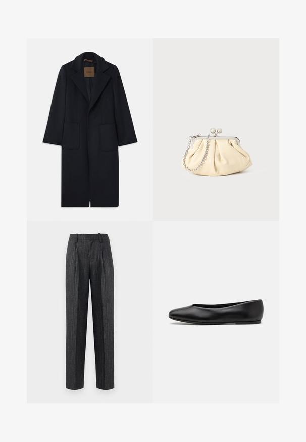 Manteau en laine marine avec une silhouette ajustée, revers crantés, deux poches avant et une coupe droite. Texture lisse et détails minimaux.; Pull en maille noir à manches longues, col rond, avec un petit cœur blanc sur la poitrine. Texture douce et poignets et ourlet côtelés.; Pantalon sur mesure en tissu gris foncé à fines rayures, avec une coupe droite, des plis sur le devant et une texture lisse.; Paul Smith TOPANGA - Ballerines - black; Pochette en cuir beige plissé avec un cadre en métal argenté, dotée de deux fermoirs ronds décoratifs et d'une chaîne en argent.