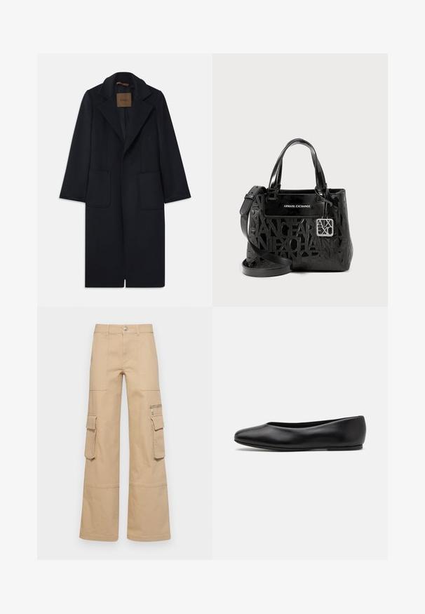 Navy wool coat with a tailored silhouette, notched lapels, two front pockets, and a straight cut. Smooth texture and minimal detailing.; Black knit sweater with long sleeves, crew neckline, and a small white heart on the chest. Soft texture and ribbed cuffs and hem.; MAX&Co. REGIO - Cargo trousers - beige; Paul Smith TOPANGA - Ballet pumps - black; Black purse made of glossy material featuring an embossed logo design, dual handles, a detachable shoulder strap, and silver hardware.