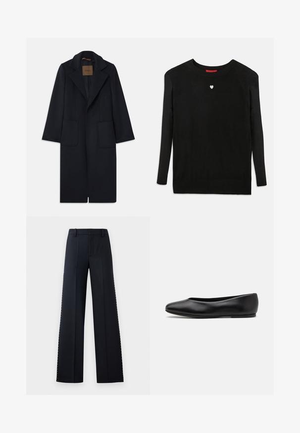 Manteau en laine marine avec une silhouette ajustée, revers crantés, deux poches avant et une coupe droite. Texture lisse et détails minimaux.; Pull en maille noir à manches longues, col rond, avec un petit cœur blanc sur la poitrine. Texture douce et poignets et ourlet côtelés.; Pantalons larges en noir. Coupe ajustée avec une texture lisse. Présente une rangée de clous métalliques le long des coutures latérales pour le détail.; Paul Smith TOPANGA - Ballerines - black