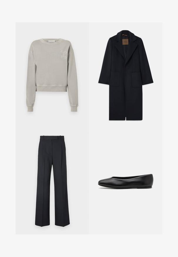 Námořnický vlněný kabát s přiléhavým siluetou, klopovými límci, dvěma předními kapsami a rovný střih. Hladká textura a minimalistické detaily.; Světle šedá zkrácená mikina vyrobená z měkké bavlny, s žebrovanými manžetami, kulatým výstřihem a embosovaným logem "CLOSED" na hrudi.; Tmavě modré kalhoty s pruhy, vysokým pasem, širokým nohavicemi a bez viditelného kování nebo ozdob. Hladká textura a přesně padnoucí střih.; Paul Smith TOPANGA - Klasické baleríny - black