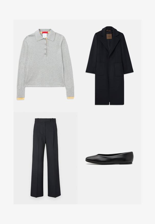 Námořnický vlněný kabát s přiléhavým siluetou, klopovými límci, dvěma předními kapsami a rovný střih. Hladká textura a minimalistické detaily.; Šedá polo košile s dlouhým rukávem a límcem, která má čtyři přední knoflíky a žebrované manžety se žlutým akcentem na koncích.; Tmavě modré kalhoty s pruhy, vysokým pasem, širokým nohavicemi a bez viditelného kování nebo ozdob. Hladká textura a přesně padnoucí střih.; Paul Smith TOPANGA - Klasické baleríny - black