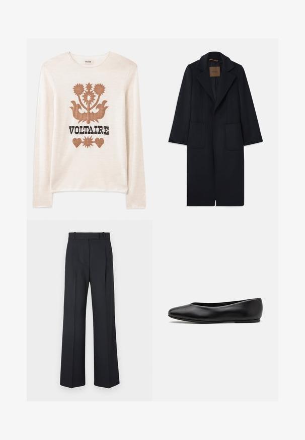 Manteau en laine marine avec une silhouette ajustée, revers crantés, deux poches avant et une coupe droite. Texture lisse et détails minimaux.; Pull crème à manches longues en matériau doux, orné d'un motif floral brun et du mot "VOLTAIRE" en noir. Texture subtile et couleur neutre.; Pantalons rayés bleu foncé à taille haute, avec une coupe large et sans matériel ni embellissements visibles. Texture lisse et ajustement ajusté.; Paul Smith TOPANGA - Ballerines - black