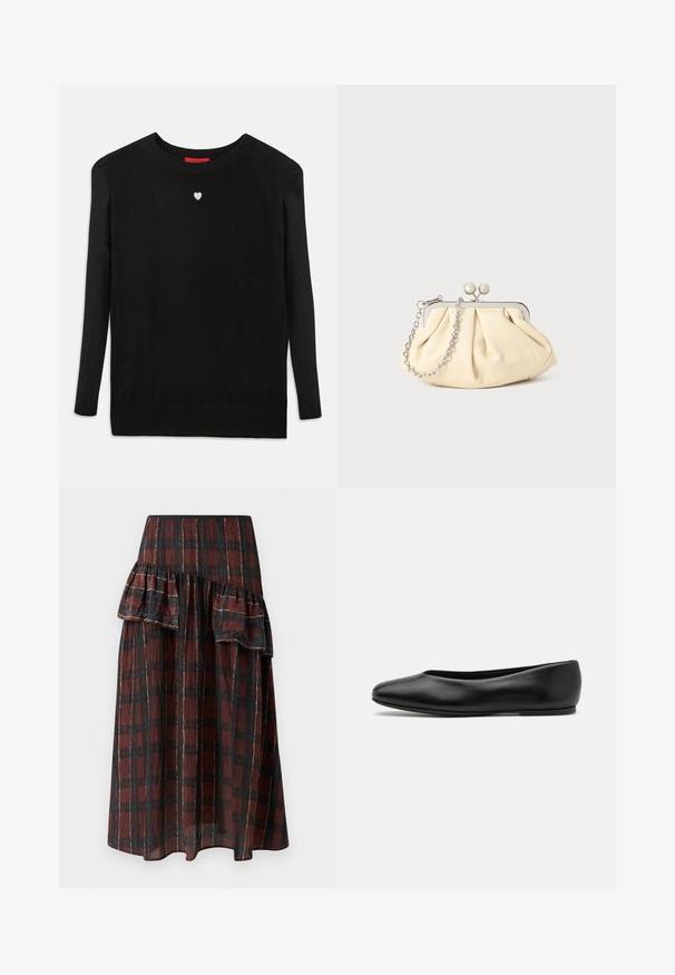Námořnický vlněný kabát s přiléhavým siluetou, klopovými límci, dvěma předními kapsami a rovný střih. Hladká textura a minimalistické detaily.; Černý pletený svetr s dlouhými rukávy, kulatým výstřihem a malým bílým srdíčkem na hrudi. Měkká textura a žebrované manžety a spodní lem.; Maxi sukně v tmavě červeném a černém kostkovaném vzoru, s vrstvenými volánky v pase, vyrobená z lehkého materiálu s jemnou Texturou.; Paul Smith TOPANGA - Klasické baleríny - black; Plisovaná béžová kožená kabelka na psaní s rámem ze stříbrného kovu, vybavená dvěma kulatými dekorativními uzávěry a stříbrným řetízkem.