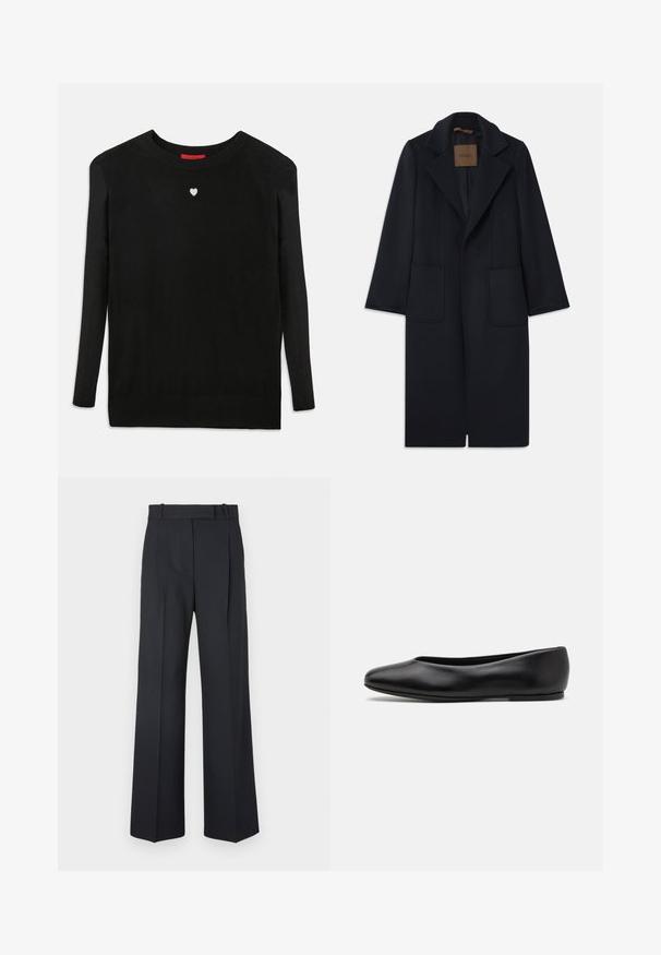 Námořnický vlněný kabát s přiléhavým siluetou, klopovými límci, dvěma předními kapsami a rovný střih. Hladká textura a minimalistické detaily.; Černý pletený svetr s dlouhými rukávy, kulatým výstřihem a malým bílým srdíčkem na hrudi. Měkká textura a žebrované manžety a spodní lem.; Tmavě modré kalhoty s pruhy, vysokým pasem, širokým nohavicemi a bez viditelného kování nebo ozdob. Hladká textura a přesně padnoucí střih.; Paul Smith TOPANGA - Klasické baleríny - black