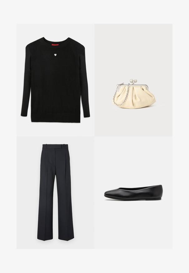 Navy wool coat with a tailored silhouette, notched lapels, two front pockets, and a straight cut. Smooth texture and minimal detailing.; Black knit sweater with long sleeves, crew neckline, and a small white heart on the chest. Soft texture and ribbed cuffs and hem.; Dark blue pinstriped trousers with a high waist, wide leg design, and no visible hardware or embellishments. Smooth texture and tailored fit.; Paul Smith TOPANGA - Ballet pumps - black; Pleated beige leather clutch with a silver metal frame, featuring two round decorative clasps and a silver chain strap.