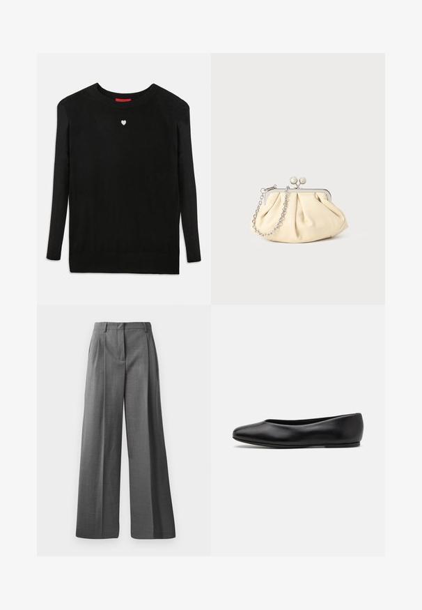 Merino villakangastakki, jossa on muotoiltu siluetti, lovetut kaulukset, kaksi etutaskua ja suora leikkaus. Silkkinen pinta ja hyvin vähäiset yksityiskohdat.; Mustaa neulepaitaa, jossa on pitkät hihat, pyöreä pääntie ja pieni valkoinen sydän rinnassa. Pehmeä rakenne ja ribbiohristukset hihansuissa sekä helmassa.; Harmaat, leveät housut, jotka on valmistettu teksturoidusta kankaasta, jossa on hienovarainen kuvio. Ominaisuuksiin kuuluu etupleisi ja vyötärö, jossa on vyölenkit.; Paul Smith TOPANGA - Ballerinat - black; Beige nahkaista kassi, jossa on laskostus ja hopeinen metallirunko, kaksi pyöreää koristeellista solkea sekä hopeaketjuolkayh.