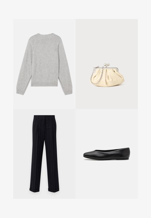 Navy wool coat with a tailored silhouette, notched lapels, two front pockets, and a straight cut. Smooth texture and minimal detailing.; Light grey sweater made of soft fabric, featuring long raglan sleeves, a round neckline, and ribbed cuffs and hem. Simple, seamless design.; Black pinstriped trousers with a tailored fit, featuring a cuffed hem and front pleats. Made of smooth fabric with a structured design.; Paul Smith TOPANGA - Ballet pumps - black; Pleated beige leather clutch with a silver metal frame, featuring two round decorative clasps and a silver chain strap.