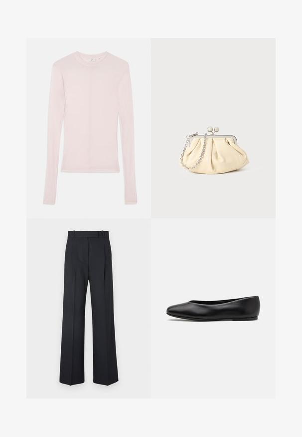 Granatowy wełniany płaszcz o dopasowanej sylwetce, z klapami, dwiema przednimi kieszeniami i prostym krojem. Gładka tekstura i minimalistyczne wykończenie.; Jasnoróżowa, długiręczna koszula wykonana z miękkiego materiału, z klasycznym okrągłym dekoltem i dopasowanym krojem. Brak widocznych wzorów lub akcentów.; Ciemnoniebieskie spodnie w paski z wysokim stanem, szerokimi nogawkami i bez widocznych elementów metalowych lub ozdób. Gładka tekstura i dopasowany krój.; Paul Smith TOPANGA czarny; Złożona beżowa skórzana kopertówka z srebrną metalową ramą, z dwoma okrągłymi dekoracyjnymi zapięciami i srebrnym łańcuszkiem.