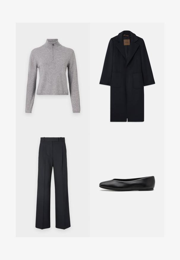 Navy wool coat with a tailored silhouette, notched lapels, two front pockets, and a straight cut. Smooth texture and minimal detailing.; Gray knit sweater with a high collar and front zipper. Features long sleeves and a slightly cropped length. Smooth texture and ribbed hem.; Dark blue pinstriped trousers with a high waist, wide leg design, and no visible hardware or embellishments. Smooth texture and tailored fit.; Paul Smith TOPANGA - Ballet pumps - black