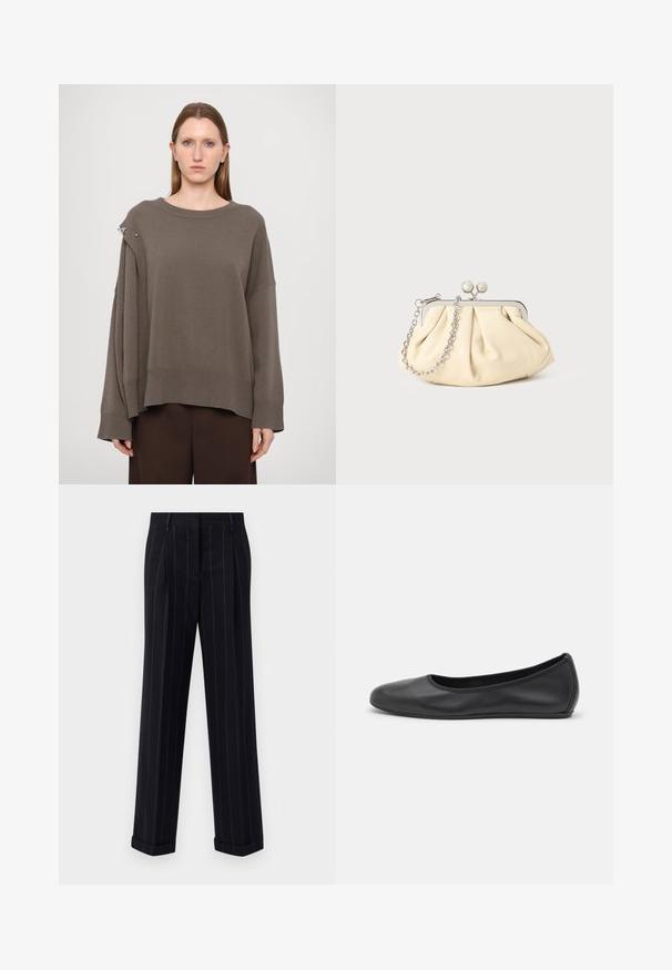 Marineblauer Wollmantel mit taillierter Silhouette, schmalen Revers, zwei vorderen Taschen und geradem Schnitt. Glatte Textur und minimale Details.; Brauner übergroßer Pullover mit langen Ärmeln, gerippten Bündchen, weitem Halsausschnitt und einem silbernen Akzent an der Schulter. Weicher Strickstoff.; Schwarz gestreifte Hose mit tailliertem Schnitt, mit einem umgeschlagenen Saum und vorderen Falten. Hergestellt aus glattem Stoff mit einer strukturierten Gestaltung.; Schwarze Leder-Ballettschuhe mit abgerundeter Spitze, glatter Textur, minimalen Nähdetails und einem flexiblen Sohlen-Design.; Faltige beigefarbene Ledertasche mit einem silbernen Metallrahmen, ausgestattet mit zwei runden dekorativen Verschlüssen und einem silbernen Kettenriemen.