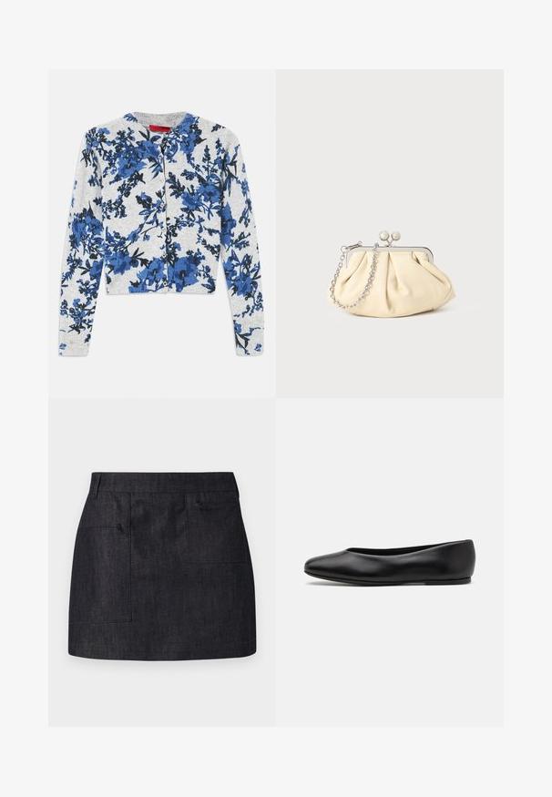 Manteau en laine marine avec une silhouette ajustée, revers crantés, deux poches avant et une coupe droite. Texture lisse et détails minimaux.; Cardigan boutonné gris clair à manches longues avec un motif floral bleu et noir et des poignets côtelés.; Jupe en denim foncé avec une coupe droite, dotée de deux poches avant et d'une texture subtile. Ourlet net et design de taille standard.; Paul Smith TOPANGA - Ballerines - black; Pochette en cuir beige plissé avec un cadre en métal argenté, dotée de deux fermoirs ronds décoratifs et d'une chaîne en argent.