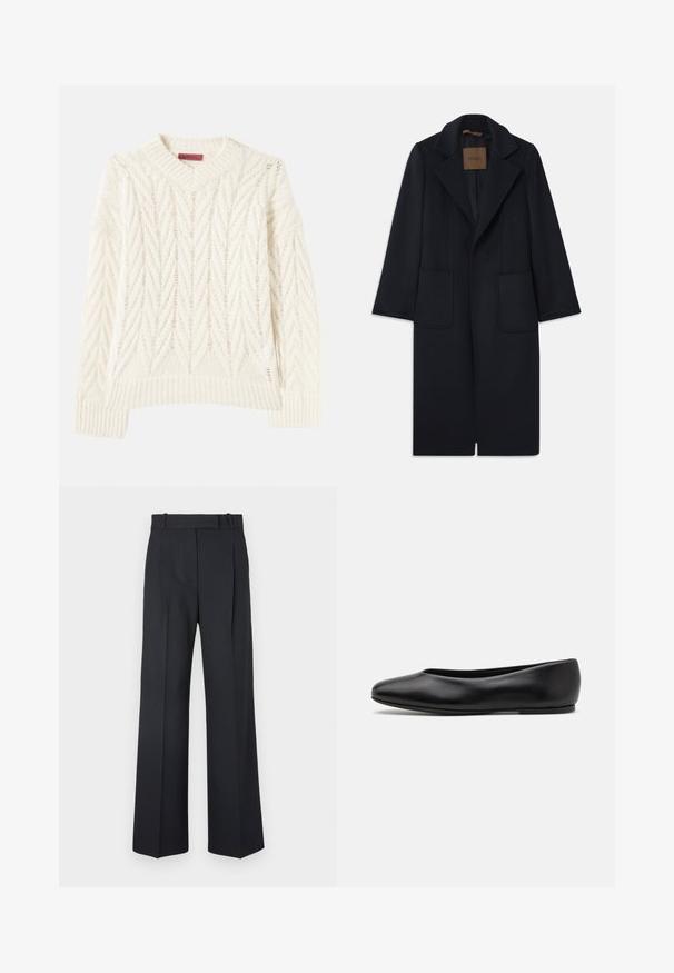 Marineblå uldfrakke med skræddersyet silhuet, spidse klapper, to lommer foran og lige skæring. Glat tekstur og minimalistisk detaljering.; Cremefarvet strikket sweater med ribbet rund hals, prydet med et tekstureret chevronmønster og multidirektionelle linjer, lange ærmer og lige kant.; Mørkeblå stribede bukser med høj talje, vidde bendesign og ingen synlig hardware eller dekorationer. Glat tekstur og skræddersyet pasform.; Paul Smith TOPANGA - Ballerinasko - black