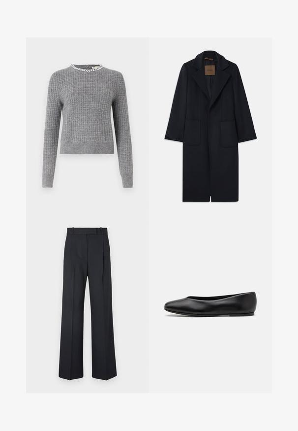 Cappotto di lana navy con silhouette su misura, revers a punta, due tasche frontali e taglio dritto. Texture liscia e dettagli minimi.; Maglione grigio lavorato a maglia con una texture a coste, scollatura a girocollo e un dettaglio decorativo a catena sul colletto. Maniche lunghe, vestibilità cropped.; Pantaloni a righe blu scuro con vita alta, design a gamba larga e senza hardware o decorazioni visibili. Tessuto liscio e vestibilità sartoriale.; Paul Smith TOPANGA - Ballerine - black