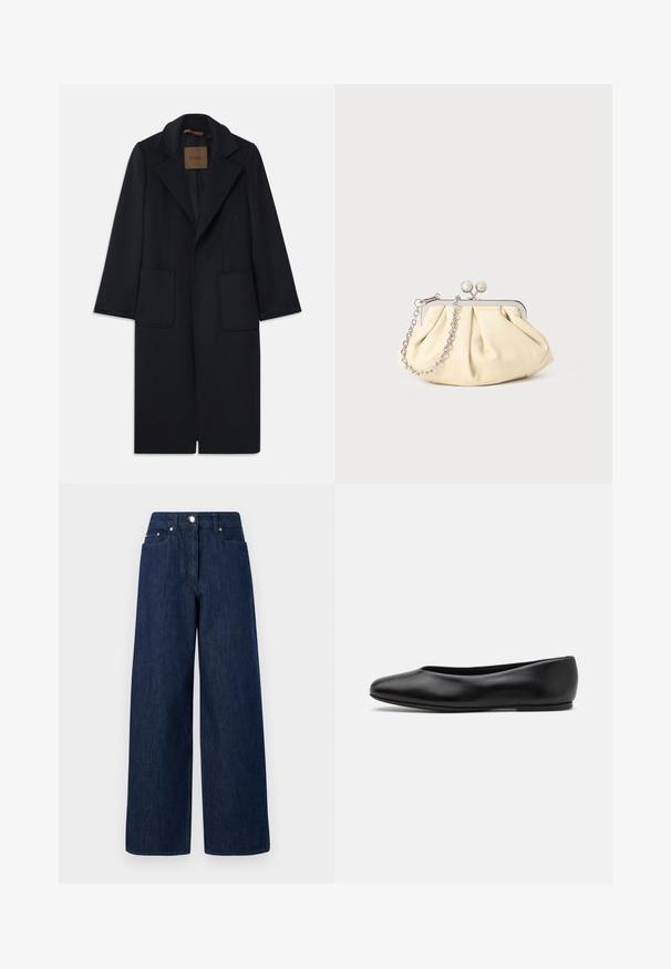 Námořnický vlněný kabát s přiléhavým siluetou, klopovými límci, dvěma předními kapsami a rovný střih. Hladká textura a minimalistické detaily.; Bílá košile na knoflíky vyrobená z lehkého materiálu. Má klasický límec, dvě náprsní kapsy a mírně prodloužený zadní lem.; Džíny s vysokým pasem, tmavě modré, volného střihu, s knoflíkovým zapínáním, předními kapsami a poutky na pásek na bílém pozadí.; Paul Smith TOPANGA - Klasické baleríny - black; Plisovaná béžová kožená kabelka na psaní s rámem ze stříbrného kovu, vybavená dvěma kulatými dekorativními uzávěry a stříbrným řetízkem.
