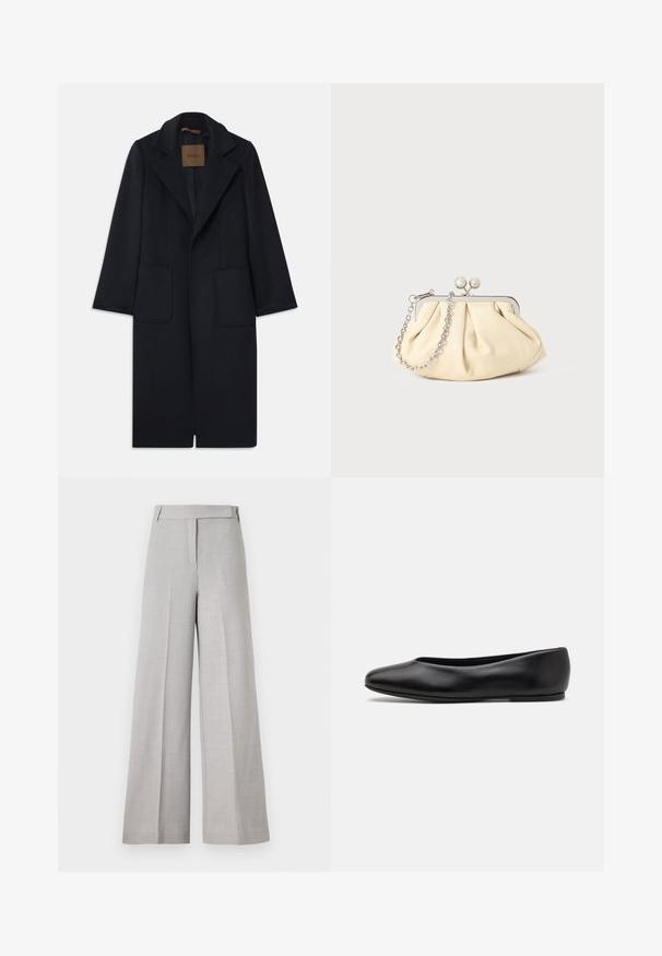 Námornícky vlnený kabát s klasickým strihom, s klopovými goliermi, dvoma prednými vreckami a priamym strihom. Hladká textúra a minimálne detaily.; Biela dlhá košeľa s hodvábnymi rukávmi, so špicatým golierom, jednou náprsníkovou vreckom a manžetami. Vyrobená z hladkého, ľahkého materiálu.; Svetlo šedé nohavice s širokými nohavicami a hladkou textúrou, s elegantným pásom a predným záhybom pre vycibrený vzhľad.; Paul Smith TOPANGA - Balerínky - black; Zhlý béžový kožený klobúk so strieborným kovovým rámom, ktorý má dve okrúhle dekoratívne zámky a strieborný reťazový popruh.