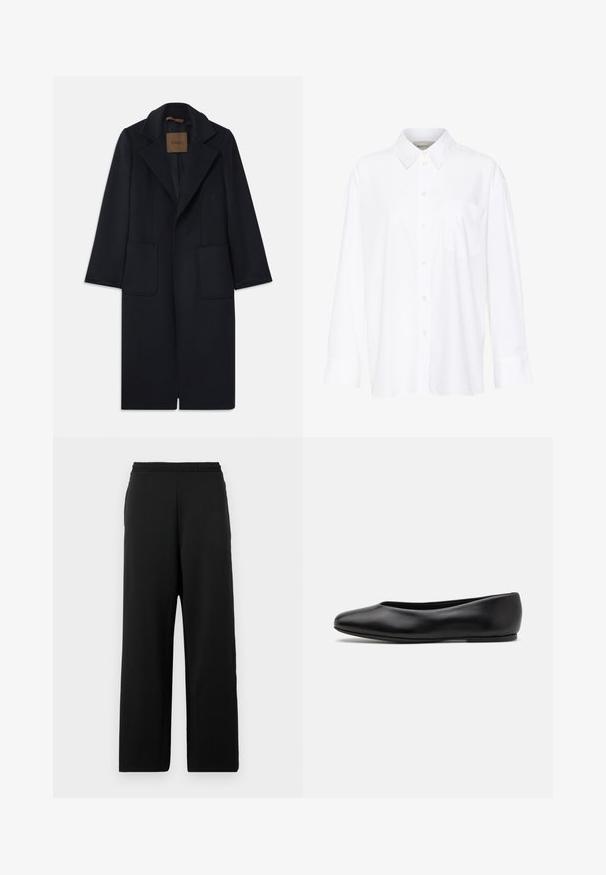 Jūrinis vilnos paltas su pritaikyta siluetu, notch tipo apykaklėmis, dviem priekinėmis kišenėmis ir tiesia forma. Lygi tekstūra ir minimalus dekoras.; Balta ilgomis rankovėmis marškiniai su apykakle, pagaminti iš medvilnės. Su mygtukų užsegimu priekyje ir viena krūtinės kišenė. Lygus paviršius, laisvas siluetas.; Juodos plačios kelnės, pagamintos iš minkštos medžiagos, su elastinga juostas ir lygiu, be raštų ar akcentų paviršiumi.; Paul Smith TOPANGA - Balerinos stiliaus laivutės - black