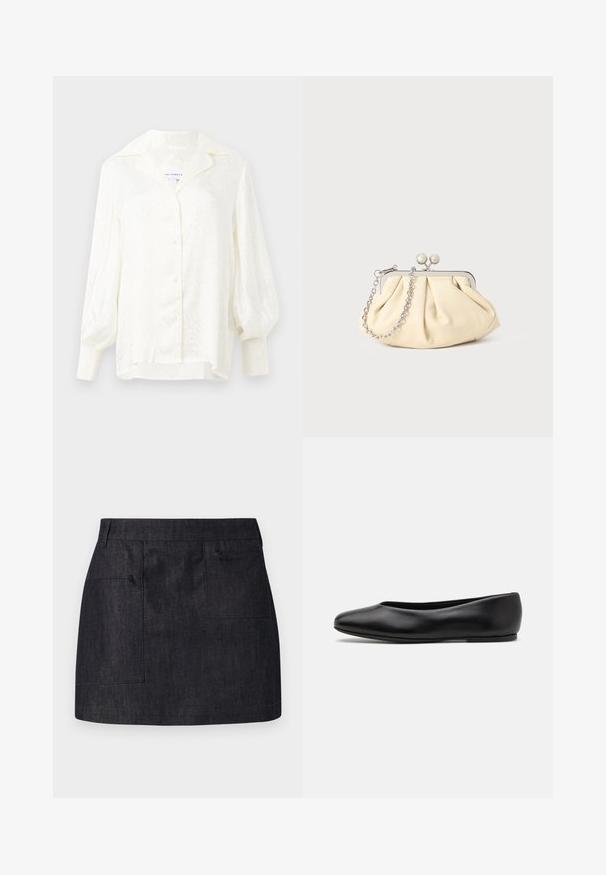 Marineblauwe wollen jas met een getailleerde silhouet, notch-rever, twee voorzakken en een rechte snit. Soepele textuur en minimale details.; Witte blouse met een textuurpatroon, oversized kraag en pofmouwen. Voorzien van knopen sluiting en gesmocfte manchetten. Lichtgewicht stof.; Donkerdenim rok met een rechte snit, voorzien van twee voorkwasten en een subtiele textuur. Schoon zoom en een standaard taillebandontwerp.; Paul Smith TOPANGA - Ballerina's - black; Geplooide beige leren clutch met een zilveren metalen frame, voorzien van twee ronde decoratieve sluitingen en een zilveren kettingriem.