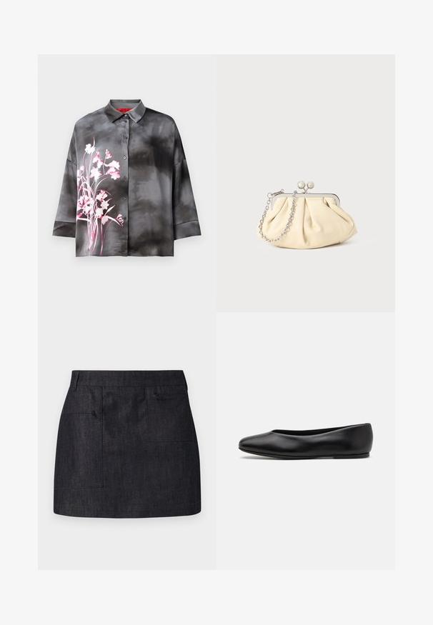 Navy wool coat with a tailored silhouette, notched lapels, two front pockets, and a straight cut. Smooth texture and minimal detailing.; Satin blouse in grey with a pink floral pattern, featuring a buttoned front, collar, and three-quarter sleeves. Smooth texture and relaxed fit.; Dark denim skirt with a straight cut, featuring two front pockets and subtle texture. Clean hemline and standard waistband design.; Paul Smith TOPANGA - Ballet pumps - black; Pleated beige leather clutch with a silver metal frame, featuring two round decorative clasps and a silver chain strap.