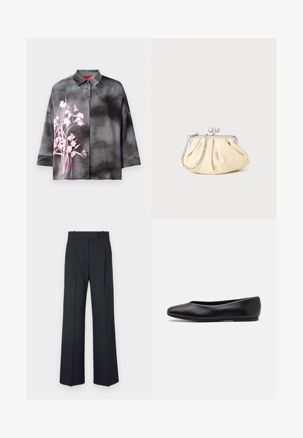 Merino villakangastakki, jossa on muotoiltu siluetti, lovetut kaulukset, kaksi etutaskua ja suora leikkaus. Silkkinen pinta ja hyvin vähäiset yksityiskohdat.; Harmaa satiinpusero, jossa on vaaleanpunaisia kukkakuoseja. Avoin edusta nappikiinnityksellä, kaulus ja kolme neljäsosaa hihat. Sujuva pinta ja rento malli.; Tummansiniset raidalliset housut, joissa on korkea vyötärö, leveät lahkeet ja ei näkyviä metalliosia tai koristeita. Sileä pinta ja räätälöity istuvuus.; Paul Smith TOPANGA - Ballerinat - black; Beige nahkaista kassi, jossa on laskostus ja hopeinen metallirunko, kaksi pyöreää koristeellista solkea sekä hopeaketjuolkayh.