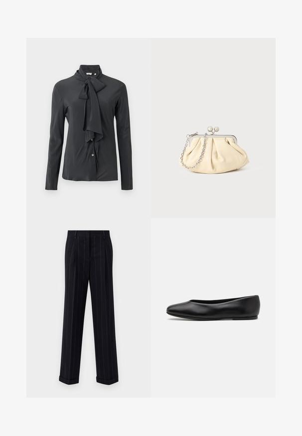 Marineblauer Wollmantel mit taillierter Silhouette, schmalen Revers, zwei vorderen Taschen und geradem Schnitt. Glatte Textur und minimale Details.; Dunkelgraue Bluse mit gebundenem Kragen, langen Ärmeln und Knopfleiste. Hergestellt aus glattem Stoff mit leichtem Glanz.; Schwarz gestreifte Hose mit tailliertem Schnitt, mit einem umgeschlagenen Saum und vorderen Falten. Hergestellt aus glattem Stoff mit einer strukturierten Gestaltung.; Paul Smith TOPANGA - Klassischer Ballerina - black; Faltige beigefarbene Ledertasche mit einem silbernen Metallrahmen, ausgestattet mit zwei runden dekorativen Verschlüssen und einem silbernen Kettenriemen.