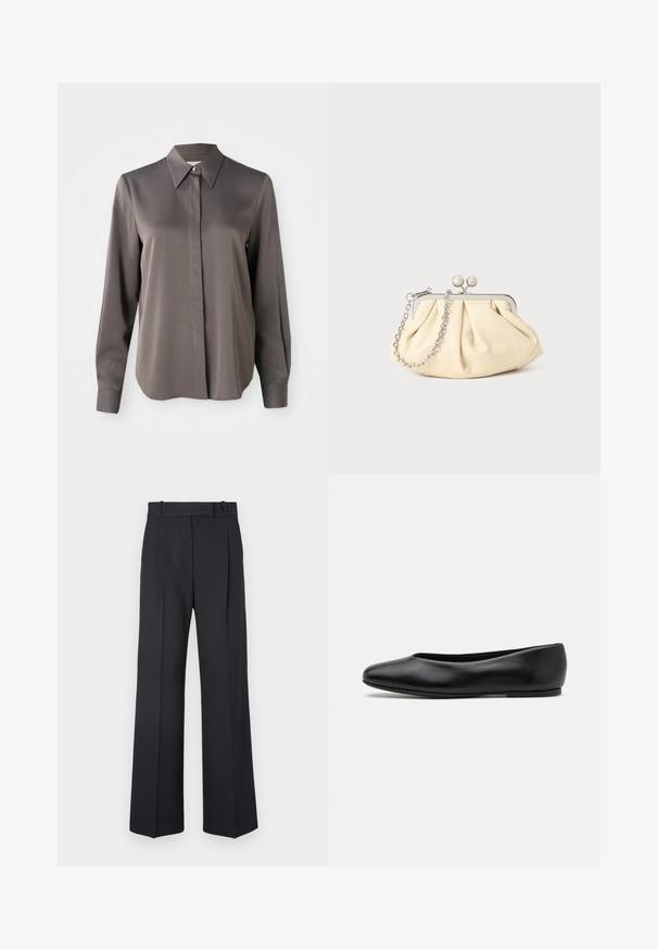 Marineblauer Wollmantel mit taillierter Silhouette, schmalen Revers, zwei vorderen Taschen und geradem Schnitt. Glatte Textur und minimale Details.; Langärmlige graue Bluse mit einer glatten, satinähnlichen Textur, einem spitzen Kragen und einer Knopfleiste auf der Vorderseite.; Dunkelblaue Nadelstreifenhosen mit hoher Taille, weit geschnittenem Bein und ohne sichtbare Beschläge oder Verzierungen. Glatte Textur und taillierte Passform.; Paul Smith TOPANGA - Klassischer Ballerina - black; Faltige beigefarbene Ledertasche mit einem silbernen Metallrahmen, ausgestattet mit zwei runden dekorativen Verschlüssen und einem silbernen Kettenriemen.